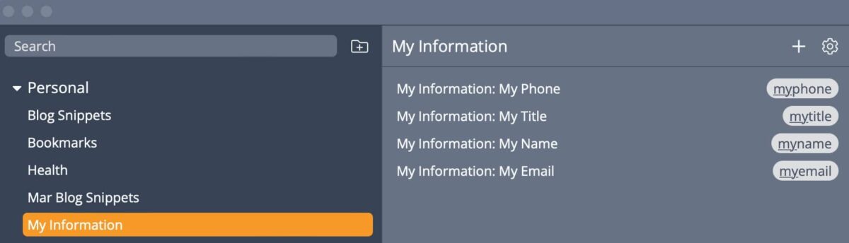 My information Snippets: myphone, mytitle, myname, myemail